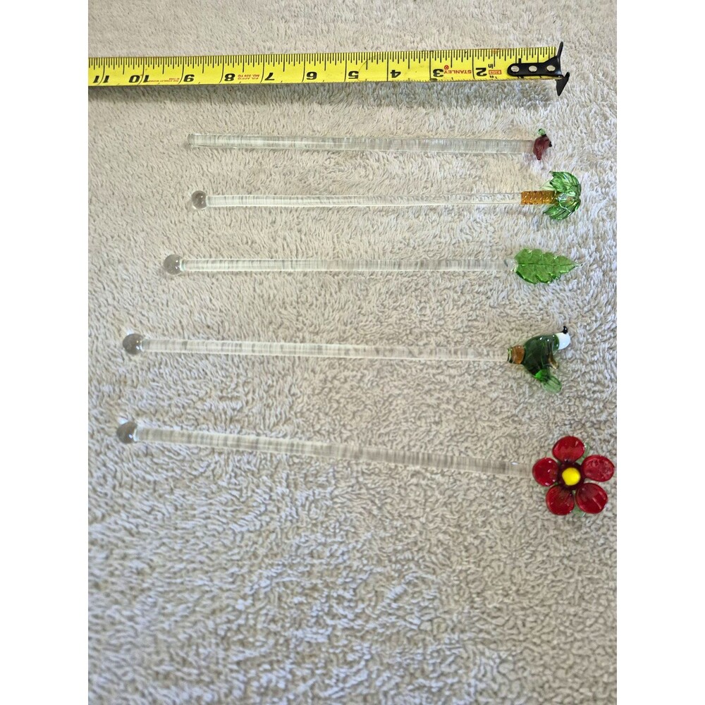 5pc Clear Glass Swizzle Sticks Set, Floral Novelty Tops, 8 in, Multicolor